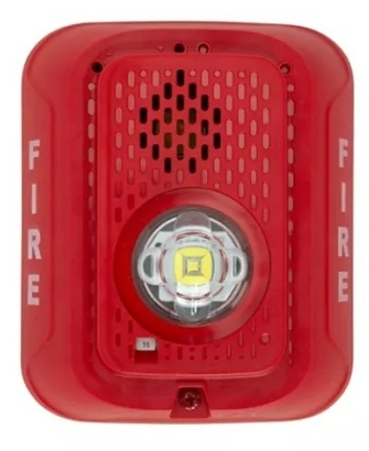 Sirena con Lámpara LED Estroboscópica / a 2 Hilos / Montaje en Pared / 24 Vcd / Configuración Estroboscópica Seleccionable / Texto en Inglés / Color Rojo