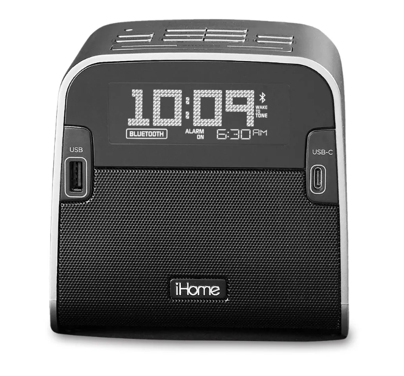 Radio reloj FM IHome HBN22 con NFC, Bluetooth, altavoz y doble puerto de carga USB.